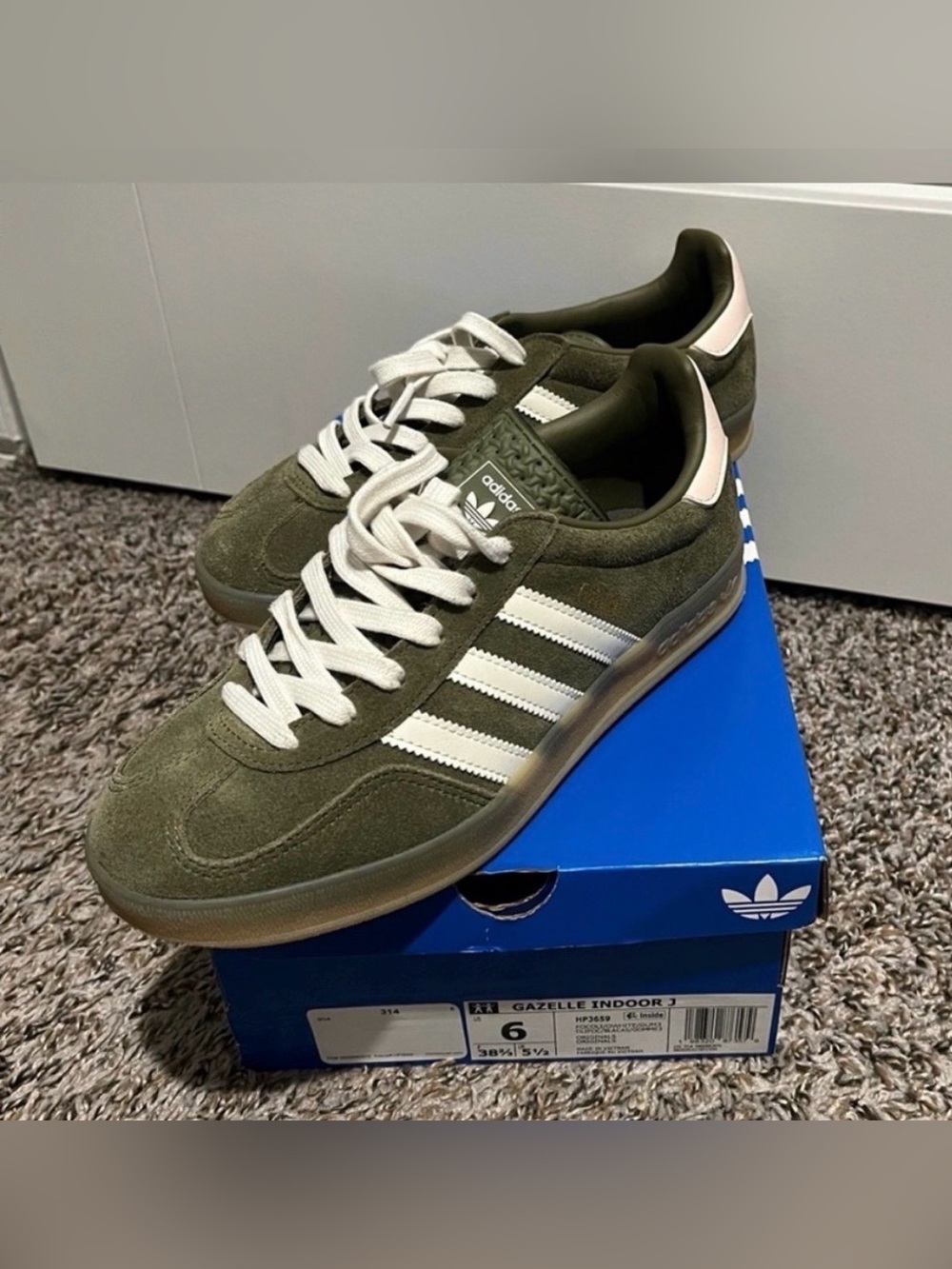 NWT Adidas Gazelle Indoor J Olive Green & White Suede Sneakers
